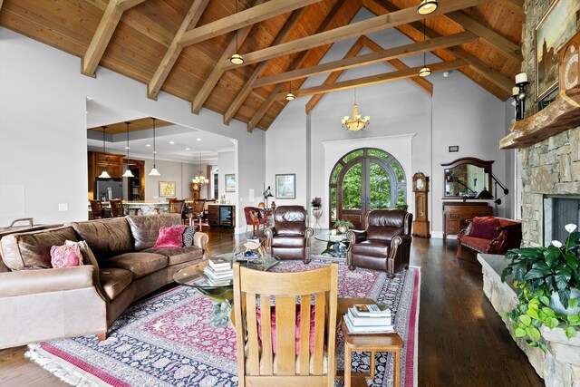 6835 Jasper Highlands Blvd, Jasper, TN 37347 - living room featuring a chandelier, high vaulted ceiling, dark wood finished floors, wood ceiling, and beam ceiling