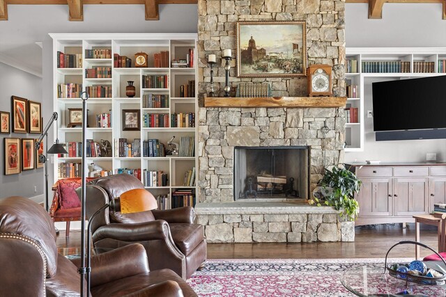 6835 Jasper Highlands Blvd, Jasper, TN 37347 - living room with beam ceiling, wood finished floors, and a fireplace