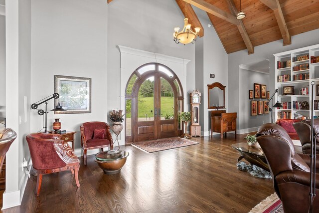 6835 Jasper Highlands Blvd, Jasper, TN 37347 - entrance foyer with high vaulted ceiling, wood finished floors, a chandelier, beamed ceiling, and wood ceiling