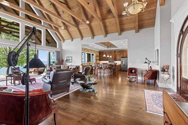 6835 Jasper Highlands Blvd, Jasper, TN 37347 - living area featuring high vaulted ceiling, wood ceiling, a chandelier, dark wood-style floors, and beam ceiling
