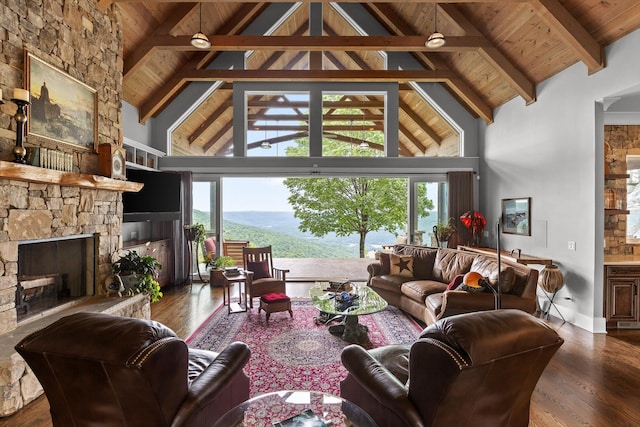 6835 Jasper Highlands Blvd, Jasper, TN 37347 - living room with high vaulted ceiling, wooden ceiling, a fireplace, wood finished floors, and beam ceiling