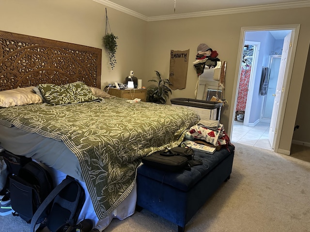 carpeted bedroom with crown molding and baseboards