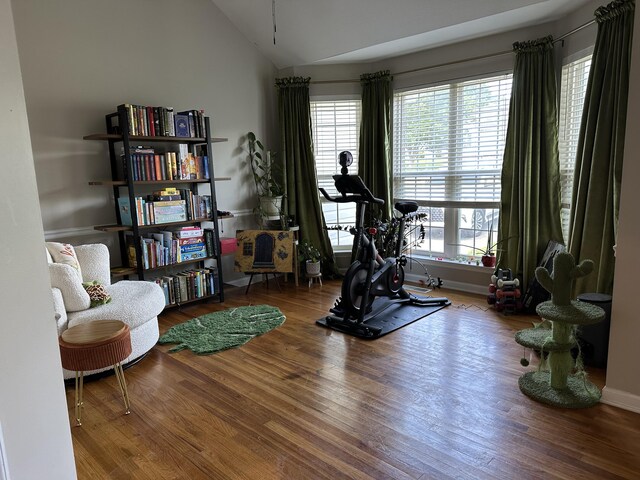 workout room with plenty of natural light, lofted ceiling, wood finished floors, and baseboards
