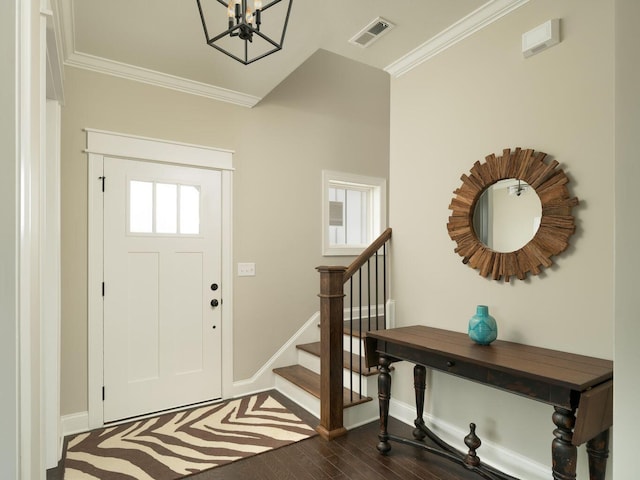 8880 Knolling Loop Unit 35, Ooltewah, TN 37363 - foyer entrance featuring baseboards, crown molding, dark wood-type flooring, stairs, and a chandelier