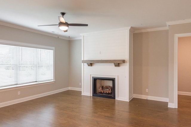 8880 Knolling Loop Unit 35, Ooltewah, TN 37363 - unfurnished living room featuring ceiling fan, wood finished floors, a large fireplace, ornamental molding, and baseboards