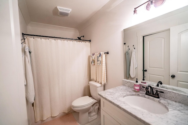 full bath featuring toilet, vanity, curtained shower, and tile patterned floors