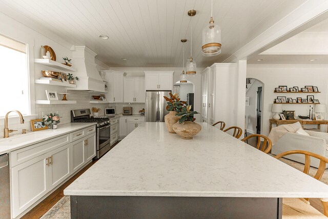 9405 Peppy Branch Trl, Apison, TN 37302 - kitchen with appliances with stainless steel finishes, a sink, arched walkways, a breakfast bar, and a spacious island