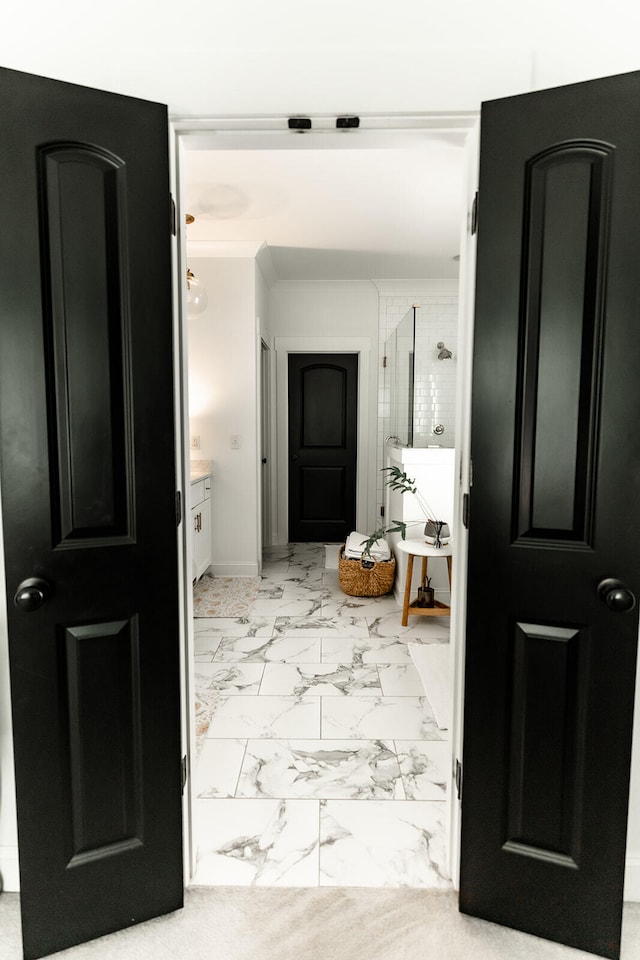 9405 Peppy Branch Trl, Apison, TN 37302 - hallway featuring light marble finish flooring and baseboards