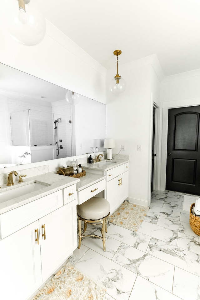 9405 Peppy Branch Trl, Apison, TN 37302 - full bathroom with marble look tiles, baseboards, vanity, and a shower