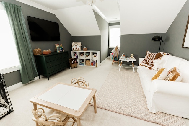 9405 Peppy Branch Trl, Apison, TN 37302 - carpeted living room featuring lofted ceiling, ceiling fan, and baseboards