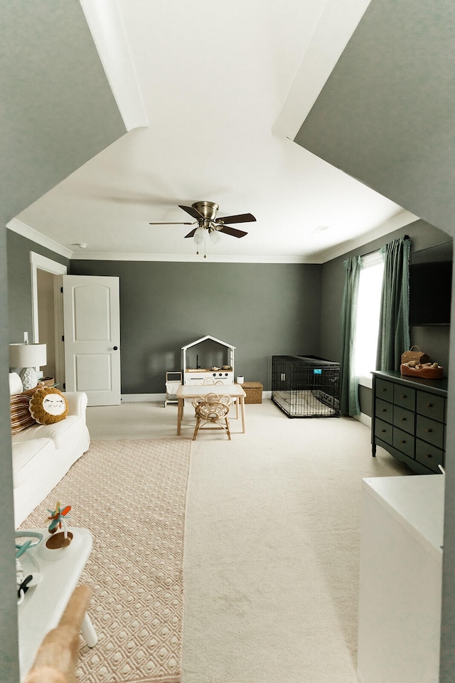 9405 Peppy Branch Trl, Apison, TN 37302 - carpeted living room with ornamental molding, ceiling fan, and baseboards