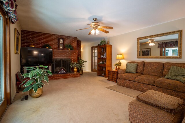1106 Browns Ferry Rd, Chattanooga, TN 37419 - carpeted living room with ceiling fan and a brick fireplace