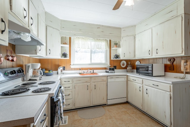 1616 Crappie Cir, Soddy Daisy, TN 37379 - kitchen featuring dishwasher, range with electric cooktop, open shelves, black microwave, and under cabinet range hood