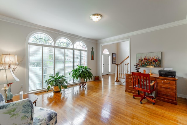 office space featuring crown molding, wood finished floors, and baseboards