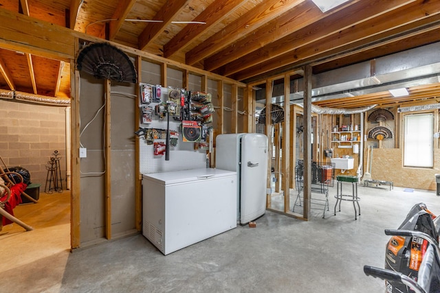 basement featuring white refrigerator and fridge