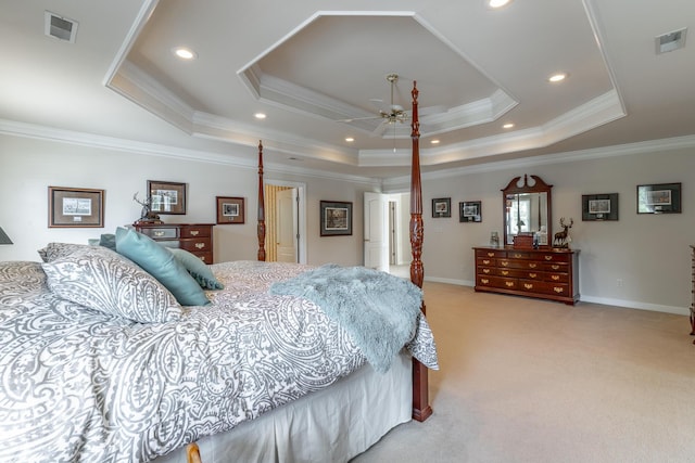 bedroom with light colored carpet, a raised ceiling, crown molding, baseboards, and recessed lighting