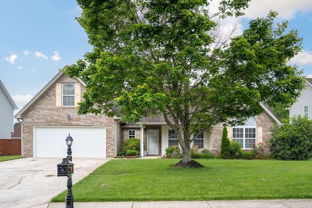 view of property hidden behind natural elements featuring driveway, brick siding, a front lawn, and an attached garage