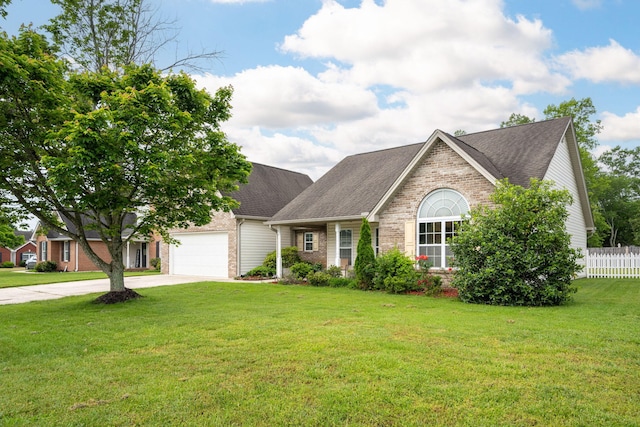 ranch-style home with concrete driveway, an attached garage, brick siding, and a shingled roof