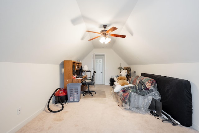 bonus room with carpet flooring, lofted ceiling, a ceiling fan, and baseboards