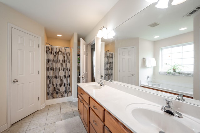 full bath with tile patterned floors, double vanity, a shower with curtain, baseboards, and recessed lighting