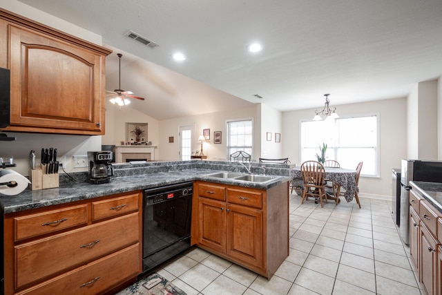 kitchen with black dishwasher, range, a ceiling fan, a sink, and dark countertops
