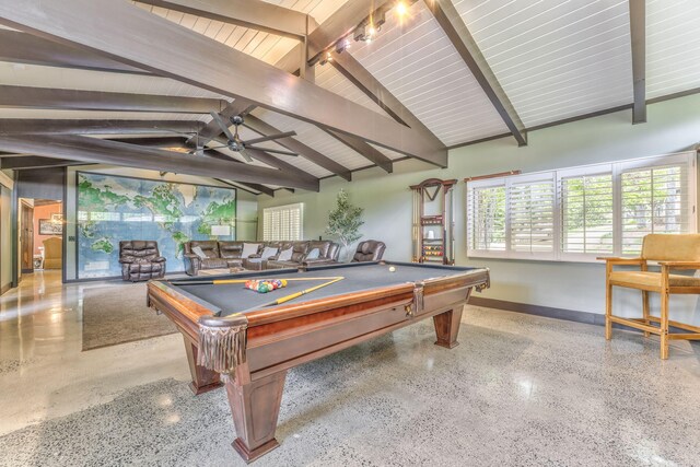 1301 W Morton Dr, Dalton, GA 30720 - game room featuring speckle patterned floor, billiards table, baseboards, a ceiling fan, and wood ceiling