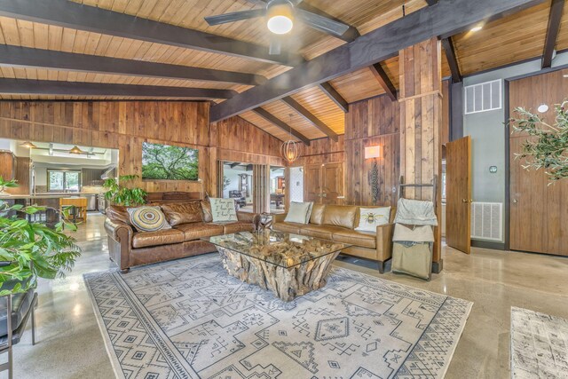1301 W Morton Dr, Dalton, GA 30720 - living area featuring wood walls, wooden ceiling, healthy amount of natural light, and ceiling fan
