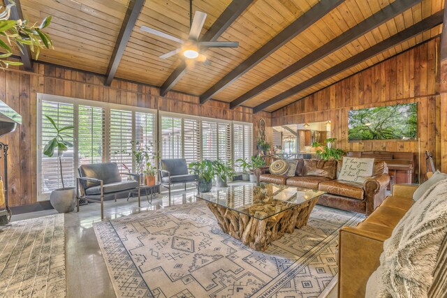 1301 W Morton Dr, Dalton, GA 30720 - living room featuring wooden walls, wooden ceiling, and ceiling fan