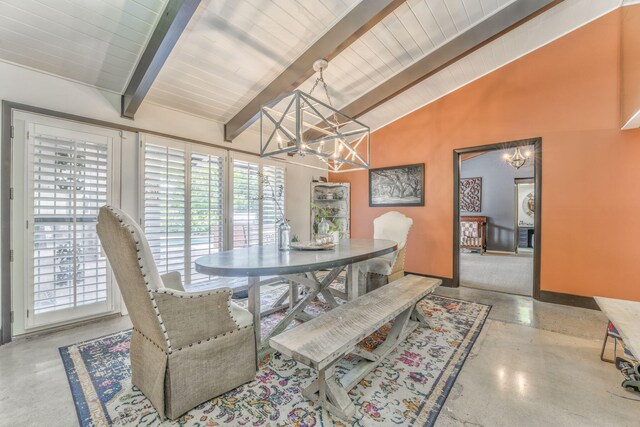 1301 W Morton Dr, Dalton, GA 30720 - dining area with a chandelier, beamed ceiling, wooden ceiling, and high vaulted ceiling