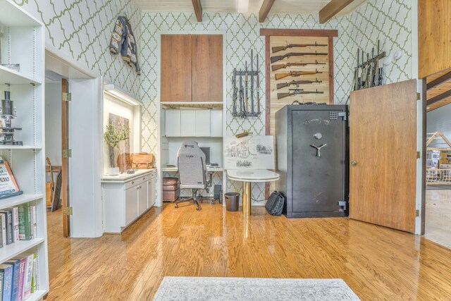 1301 W Morton Dr, Dalton, GA 30720 - home office with wallpapered walls, wood finished floors, and beamed ceiling