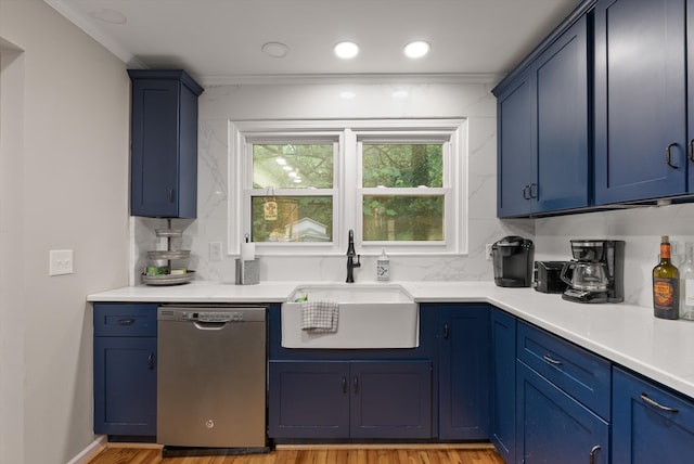 1123 Ridgeleigh Cir, Dalton, GA 30720 - kitchen with dishwasher, a sink, blue cabinets, ornamental molding, and recessed lighting