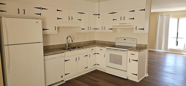 4458 Norcross Rd, Hixson, TN 37343 - kitchen featuring white appliances, a sink, under cabinet range hood, dark wood-type flooring, and white cabinets