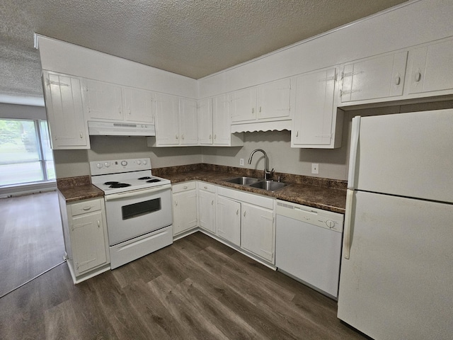 4458 Norcross Rd, Hixson, TN 37343 - kitchen featuring white appliances, a sink, under cabinet range hood, dark countertops, and a textured ceiling