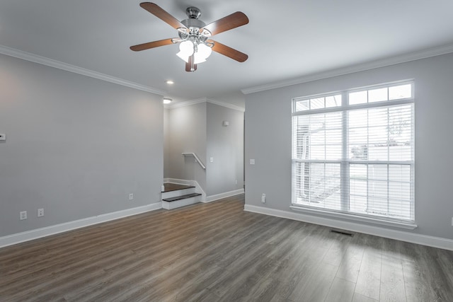 7817 Legacy Park Ct, Chattanooga, TN 37421 - empty room with stairs, dark wood-style flooring, baseboards, a ceiling fan, and ornamental molding
