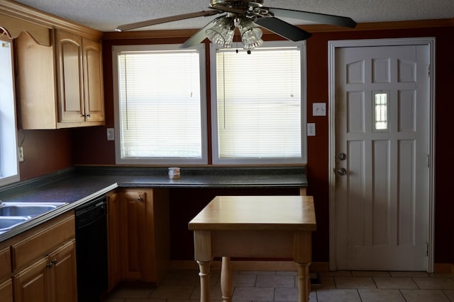 708 8th St, Bridgeport, AL 35740 - kitchen featuring black dishwasher, a ceiling fan, light tile patterned floors, dark countertops, and a textured ceiling