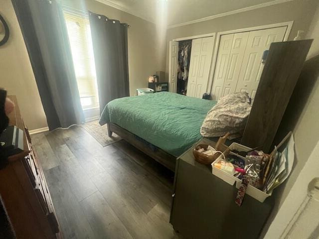bedroom featuring ornamental molding, two closets, and wood finished floors