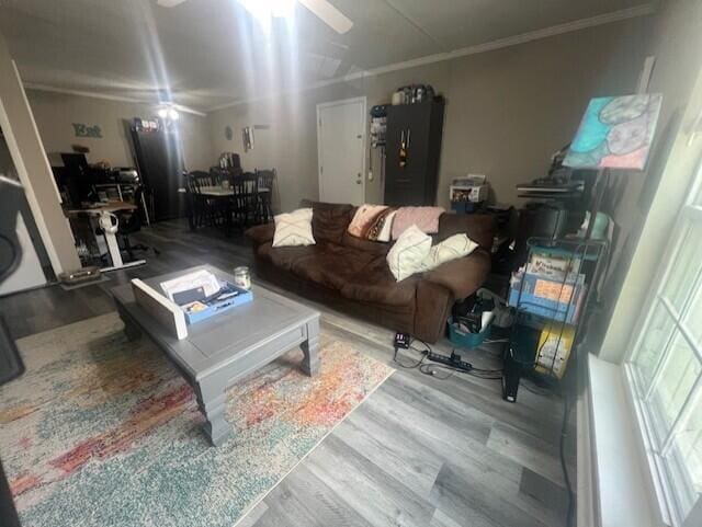 living room with wood finished floors, crown molding, and ceiling fan