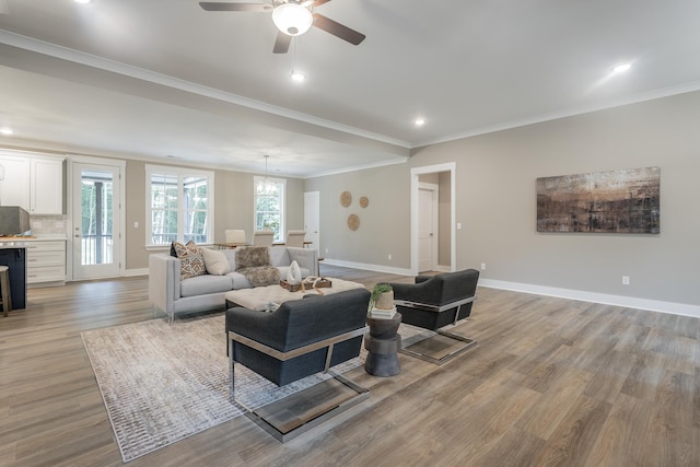 11570 Armstrong Rd, Soddy Daisy, TN 37379 - living area with baseboards, light wood-style floors, a ceiling fan, recessed lighting, and ornamental molding