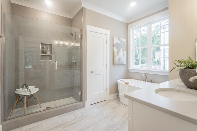 11570 Armstrong Rd, Soddy Daisy, TN 37379 - bathroom with a shower stall, a soaking tub, vanity, crown molding, and marble finish floors