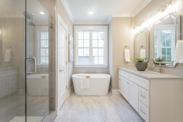 11570 Armstrong Rd, Soddy Daisy, TN 37379 - full bath with crown molding, healthy amount of natural light, a shower stall, double vanity, and a freestanding bath