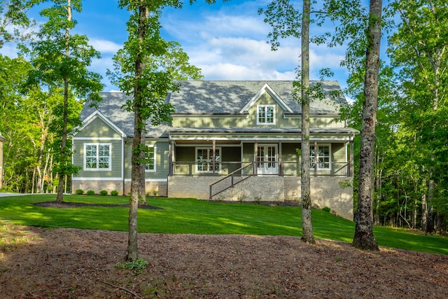 11570 Armstrong Rd, Soddy Daisy, TN 37379 - view of front of house featuring french doors, a front lawn, stairs, and covered porch