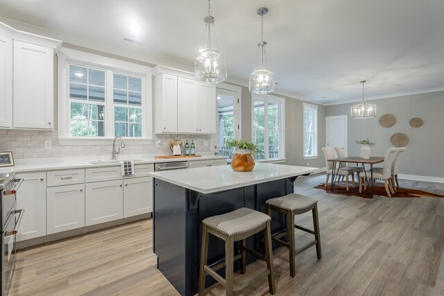 11570 Armstrong Rd, Soddy Daisy, TN 37379 - kitchen featuring ornamental molding, light wood-style floors, tasteful backsplash, white cabinets, and light countertops