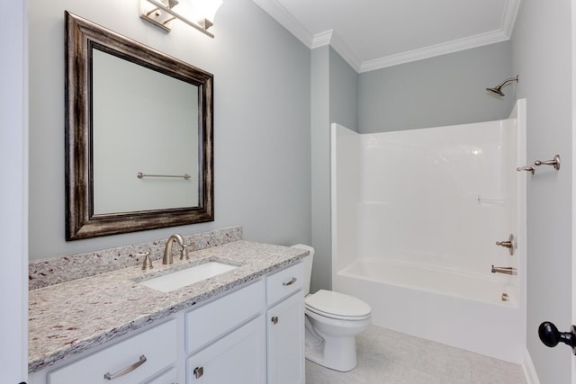 full bath featuring ornamental molding, vanity, toilet, and shower / tub combination