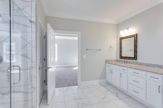 full bath with crown molding, vanity, marble look tiles, a shower stall, and baseboards