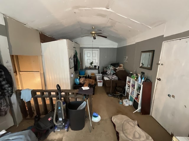 miscellaneous room featuring a ceiling fan and vaulted ceiling