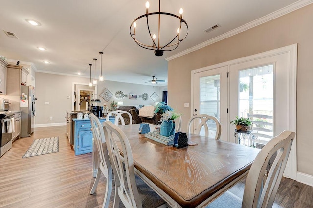 231 Winchester Dr, Rossville, GA 30741 - dining area featuring baseboards, light wood-style flooring, ornamental molding, a chandelier, and recessed lighting