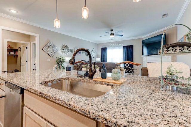 231 Winchester Dr, Rossville, GA 30741 - kitchen with a sink, stainless steel dishwasher, a ceiling fan, light stone counters, and ornamental molding