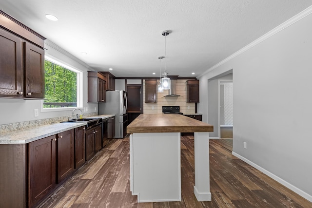 201 County Line Rd, Signal Mountain, TN 37377 - kitchen with a sink, dark brown cabinetry, tasteful backsplash, dark wood finished floors, and ornamental molding
