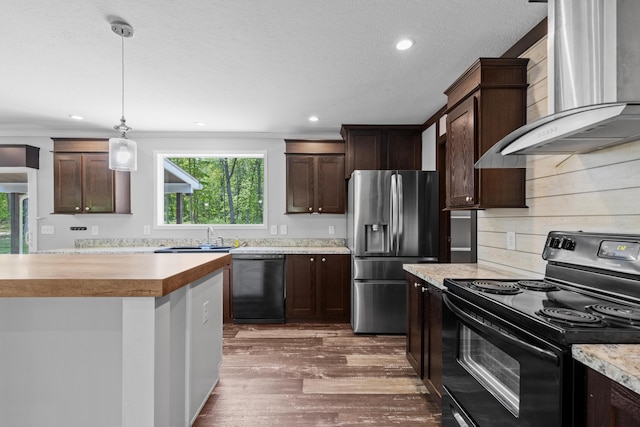 201 County Line Rd, Signal Mountain, TN 37377 - kitchen with black appliances, wall chimney range hood, plenty of natural light, dark brown cabinetry, and recessed lighting