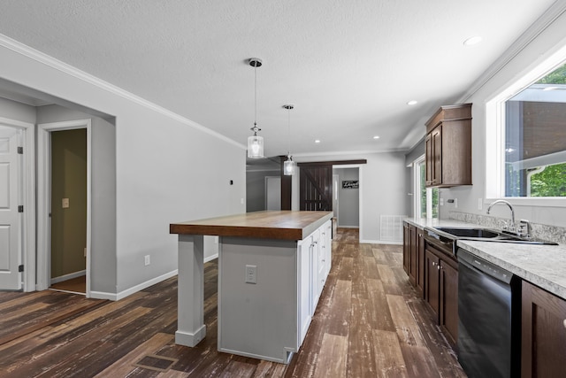 201 County Line Rd, Signal Mountain, TN 37377 - kitchen featuring dishwasher, butcher block countertops, a sink, dark wood-type flooring, and crown molding